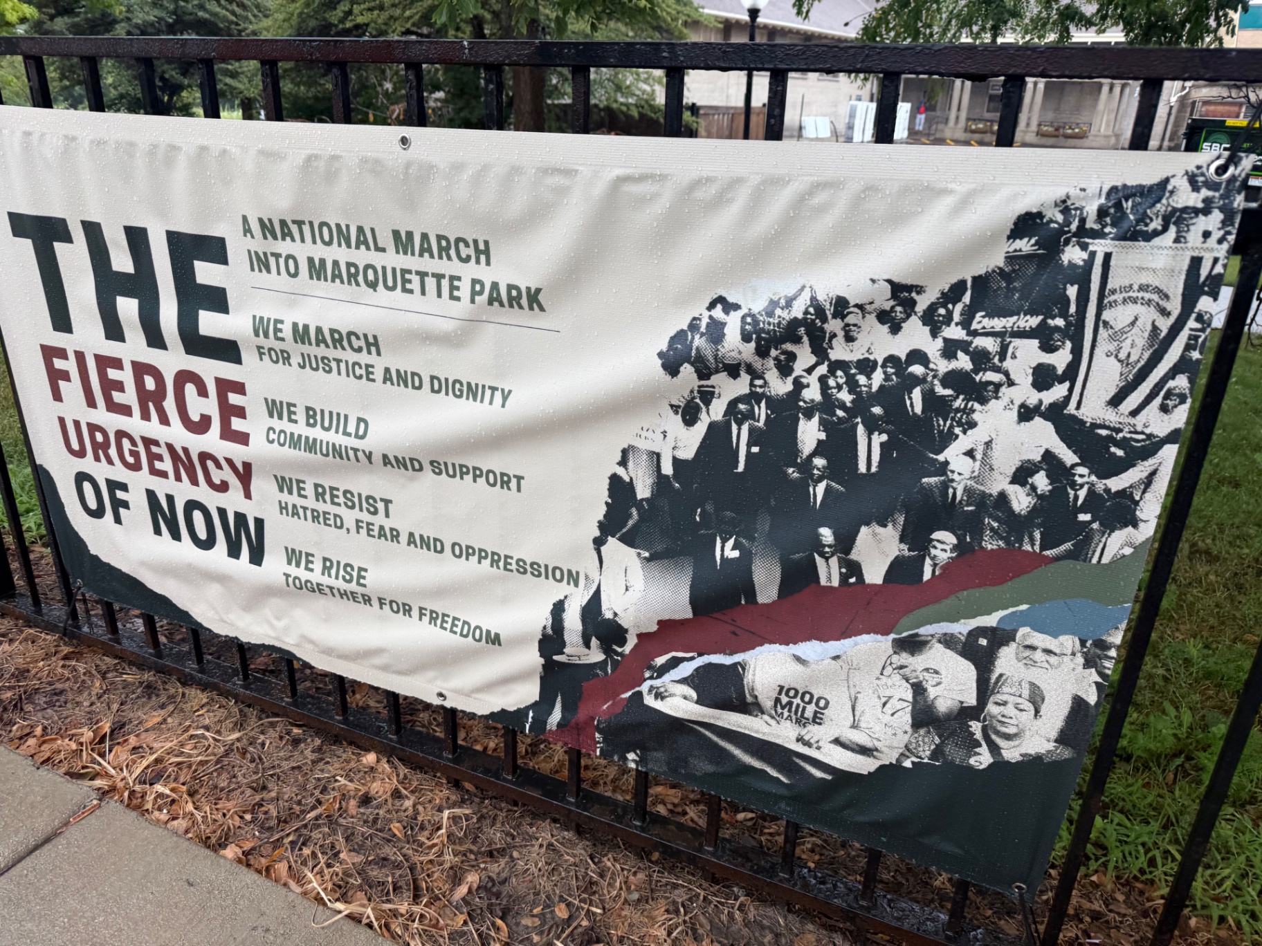 Banner reading 'The Fierce Urgency of Now — A National March into Marquette Park'