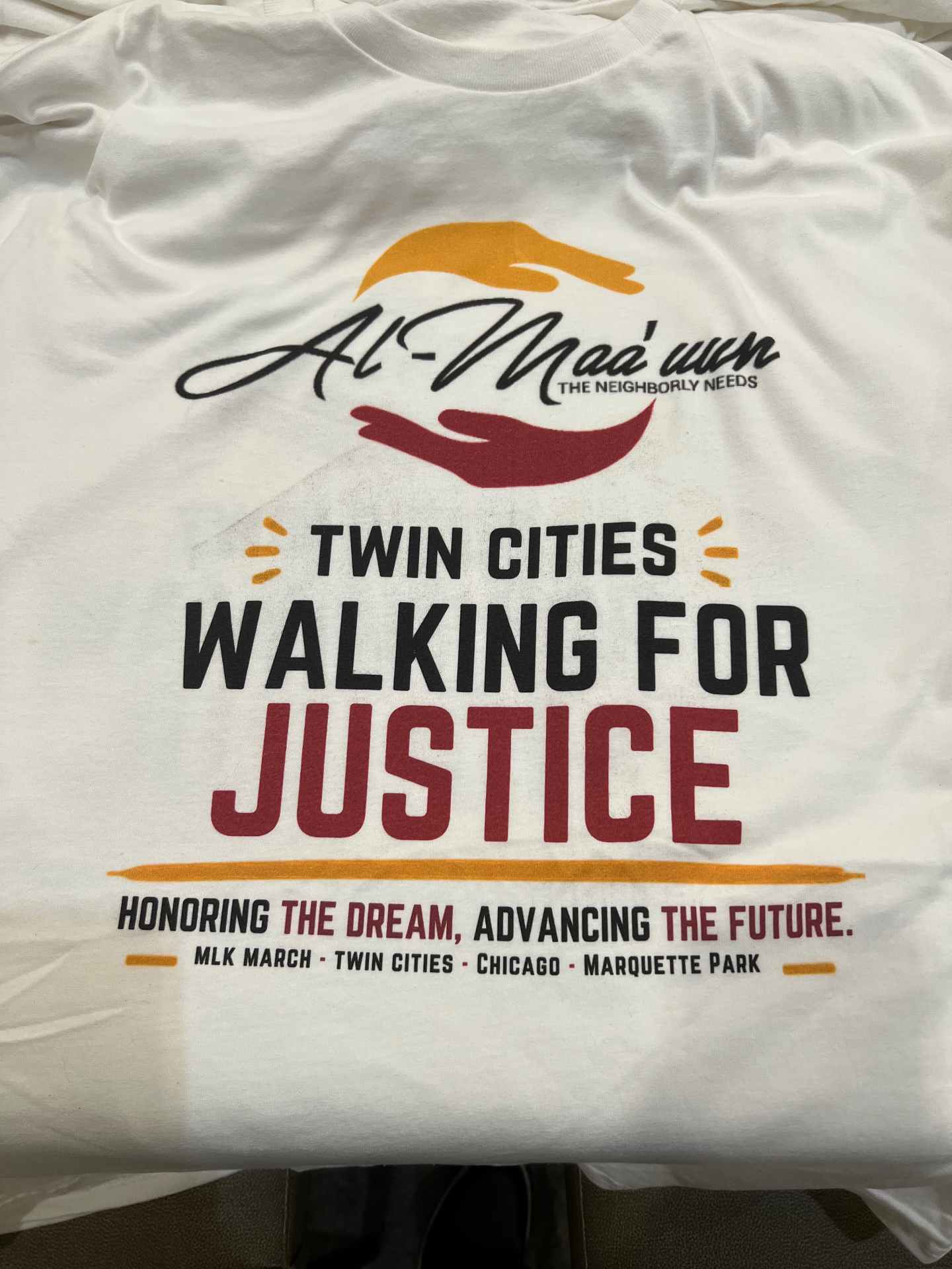 Al Maa'uun 'Twin Cities Walking for Justice' shirt honoring the MLK march route